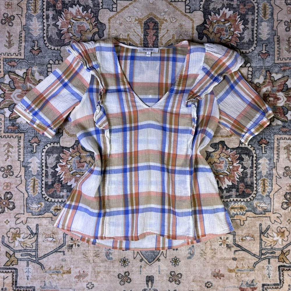 Madewell Ruffle Shoulder VNeck Plaid Cotton Gauze Top Blue Orange Tan Small Fall